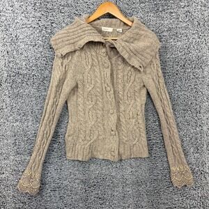 Sleeping On Snow Sweater Womens Medium Beige Wool Cable Knit Cardigan Turtleneck